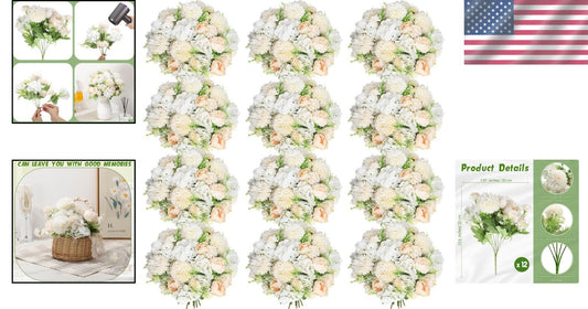 Beautiful 12 Bouquet Silk Peonies - Champagne White Floral Arrangement