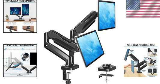 Height Adjustable Dual Monitor Arm with C-Clamp & Grommet Base - Black, Max 32"
