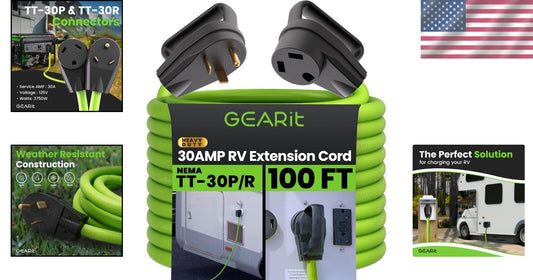 Premium 30 Amp RV Extension Cord 100ft - Bright Green TT-30 Plug for Safety