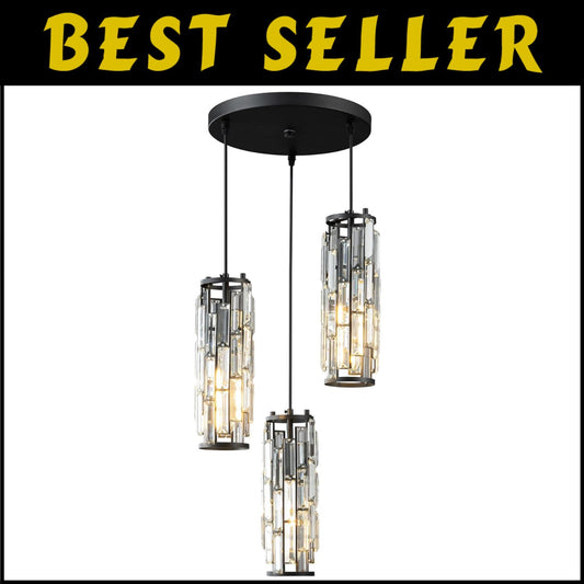 Modern Black Metal & Crystal Pendant Light - Perfect for Living Room and Kitchen