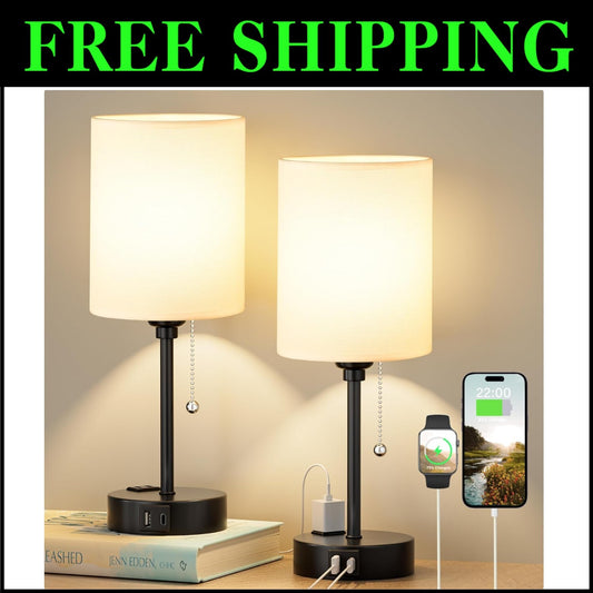 Elegant Black & White Bedside Table Lamps with USB & AC Outlet - 3 Color Modes