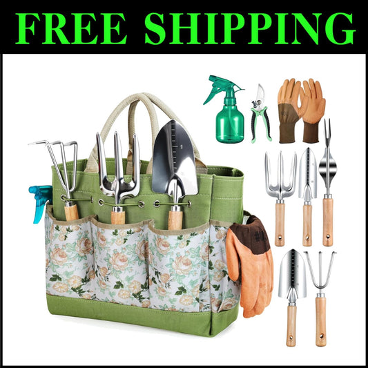 9-Piece Heavy Duty Gardening Tools Set with Floral Organizer Bag - Perfect Gift