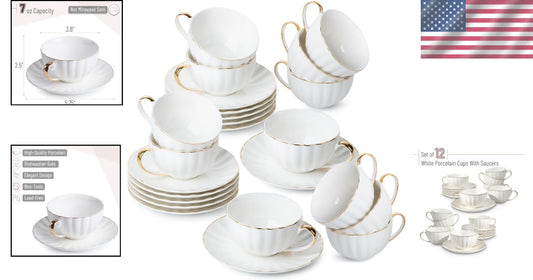 Premium 12-Cup Porcelain Tea Cup Set with Gold Accent - Perfect for Tea Lovers