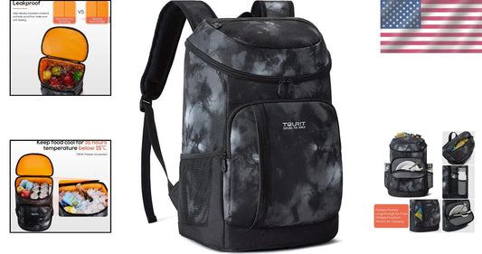 Lightweight 30-Can Tie-Dyed Black Insulated Cooler Backpack - Leak-Proof Design