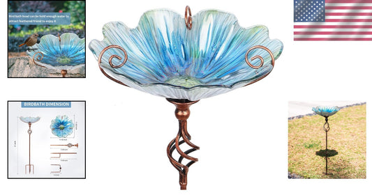 31-Inch Handmade Blue Glass Birdbath with Durable Metal Stake for Gardens