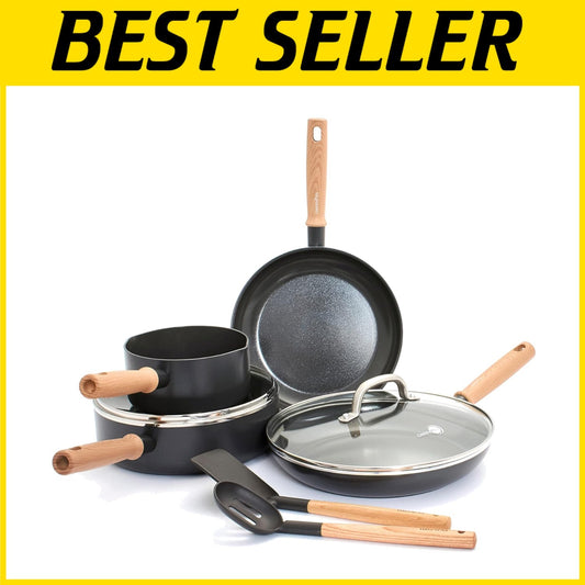 Elegant Hudson Vintage Wood Inspired Cookware Set - 8 Pieces, Nonstick & Safe