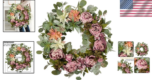 Stylish 24 Inch Spring Peony Wreath with Succulent Arrangement - Indoor/Outdoor