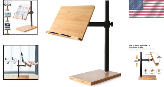 Height & Angle Adjustable Bamboo Book Holder with Page Clips - 11 x 8 Inches