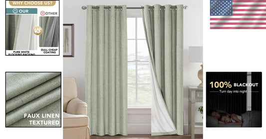 Chic Sage Green 84” Blackout Curtains - Noise Reducing Linen Look with Grommets