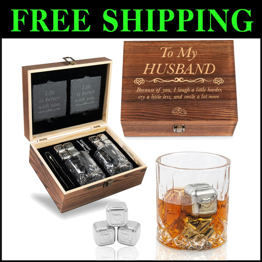 Whisky Glass Set with Stainless Steel Stones and Coasters - Ideal Romantic Gift