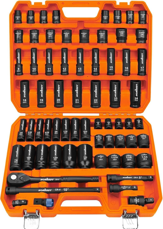Durable 1/2-Inch Drive Impact Socket Set with Customized Storage Box, 67 Pieces