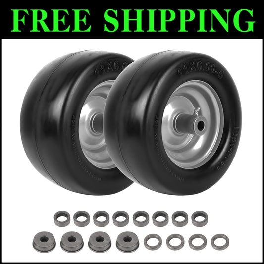 11" Flat-Free Lawn Mower Wheel & Tire Set - Includes Bushings & Spacers