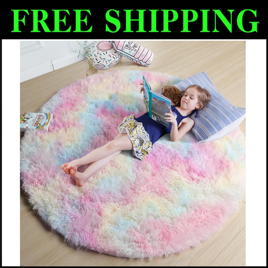 Soft 5Ft Pastel Round Rug - Cozy Fluffy Carpet for Toddler Unicorn Rooms