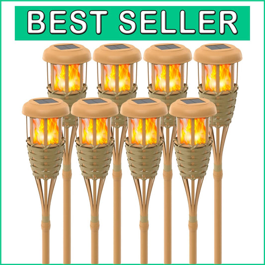 Classic Yellow Solar Torch Lights - 8 Pack with Adjustable Height & Flame Effect