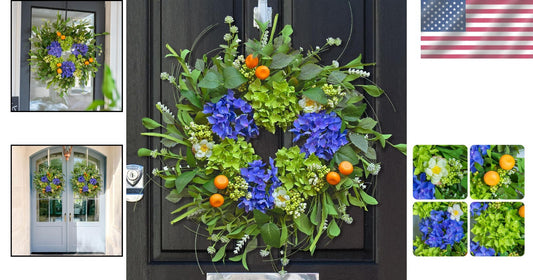 Elegant 22'' Round Wreath with Hydrangea & Realistic Oranges for All Seasons