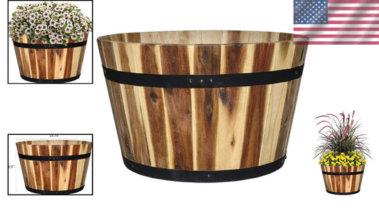 Durable 15.75" Acacia Wood Planter with Rustic Metal Band - Perfect for Gardens
