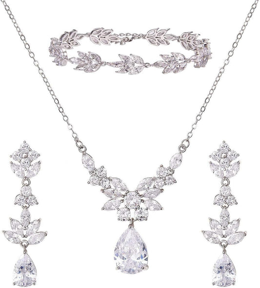 Dainty Women's Wedding Jewelry Set - Cubic Zirconia Necklace & Earring Pair