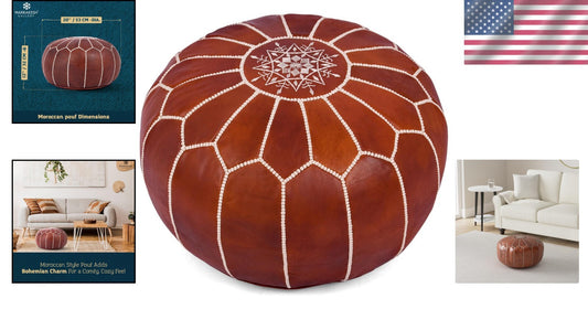 Eco-Friendly Leather Pouf Ottoman Cover - Handmade Bohemian Decor for Every Room