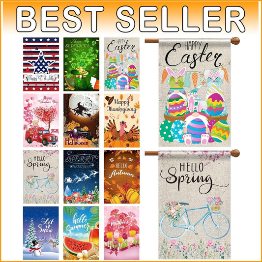 12 Festive Holiday Flags Set - 28 x 40 Inches for Year-Round Garden Celebration