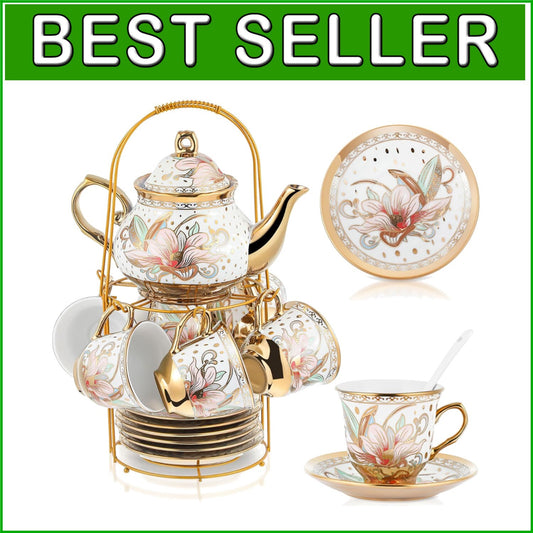 Exquisite Ceramic Tea Set - 20 Pcs with Gold Accents for Elegant Gatherings