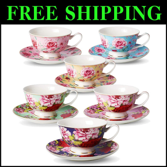 Assorted Floral Tea Cups and Saucers – 6 Piece Set with Elegant Gold Details