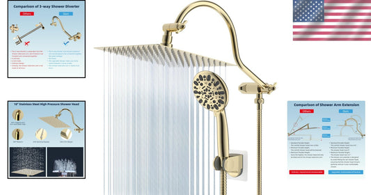 10'' Rainfall Shower Head with Adjustable Extension Arm & Handheld Shower Combo
