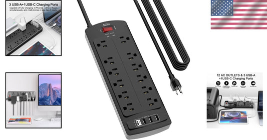 12-Outlet Surge Protector Power Strip with 4 USB Ports & Flame Retardant Housing