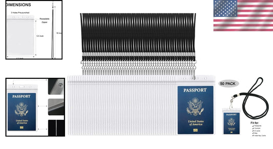 Durable Clear PVC 50-Pack Passport and ID Holders with Black Lanyards Included