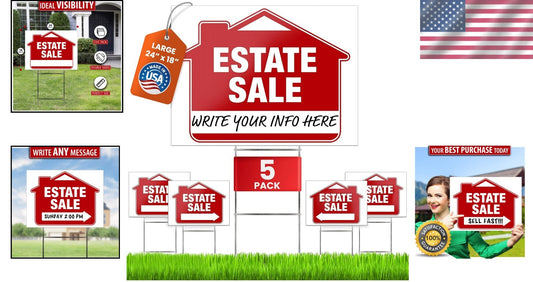 Directional Estate Sale Signs 5 Pack 24" x 18" Double-Sided with Steel Stakes
