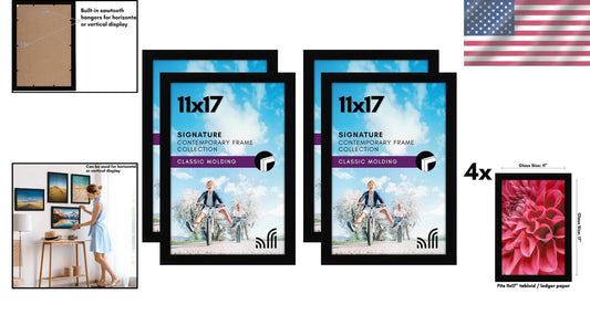 Gallery Style Black Picture Frames 11x17 with Durable Engineered Wood - 4 Pack