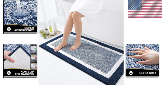 Extra Absorbent Navy Bath Mat 44x24 - Fluffy & Non-Slip Design for Safety