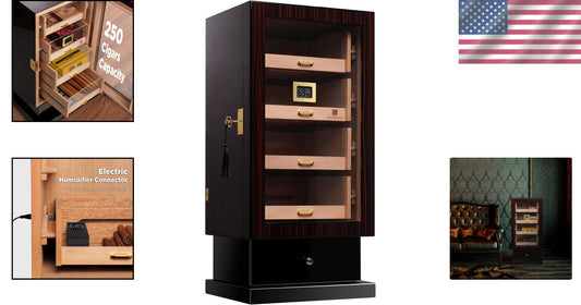 Premium 250-Cigar Capacity Humidor with Crystal Humidifiers & Digital Hygrometer