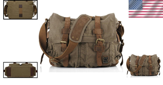 Vintage Military Leather Canvas Messenger Bag - Durable 13-Inch Laptop Carrier