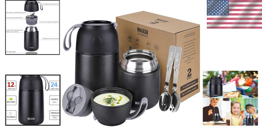 2-Pack Vacuum Insulated Food Jars - Black Thermal Lunch Containers for Travel