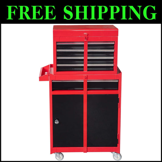 Compact 6-Drawer Tool Chest & Cabinet with Rolling Casters - Red & Black