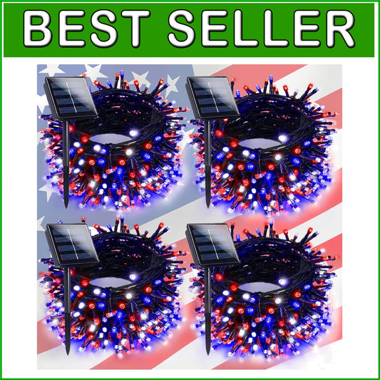 4-Pack Solar LED String Lights 132FT in Red, White & Blue for Independence Day