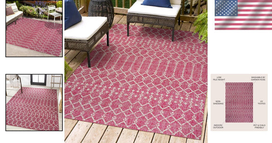 Stylish Fuchsia/Gray Outdoor Rug – 4x6 Low Pile, Stain Resistant & Pet Friendly
