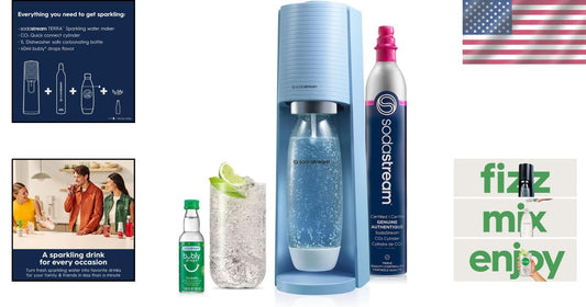 Elegant Misty Blue Sparkling Water Maker - CO2 Included for Effortless Hydration