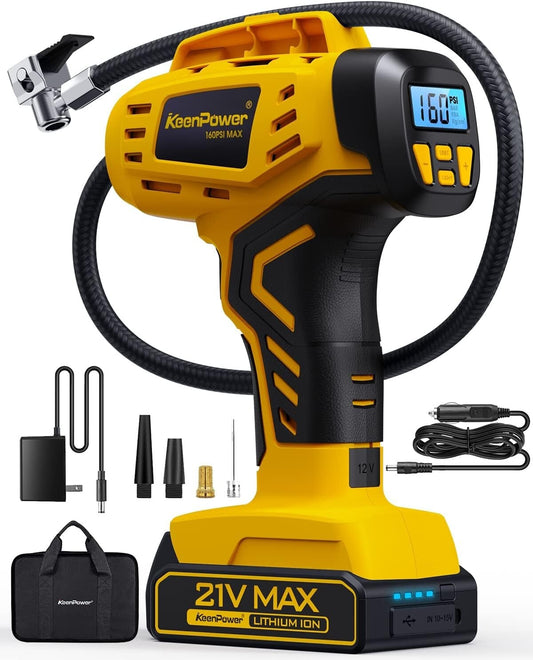 Quick-Charge Tire Inflator with 21V Battery - 160 PSI for Cars, Bikes & E-Bikes
