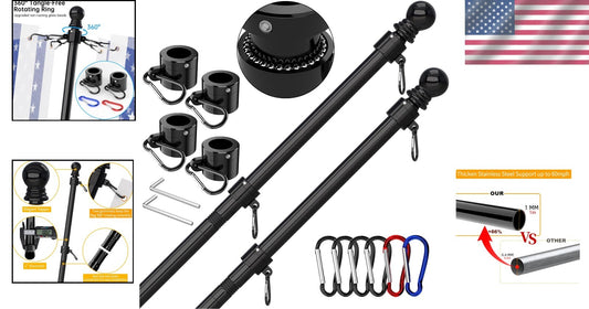 Flag Pole Kit - 2 x 6 FT Stainless Steel Tangle-Free Poles for All Weather Use