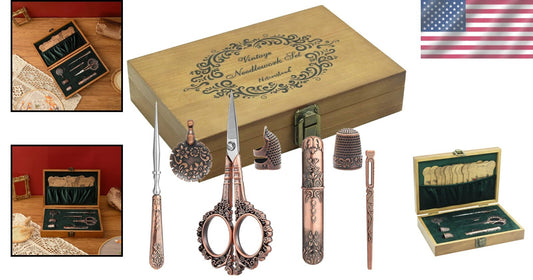 European Style Sewing Tools Set - Antique Scissors & Accessories in Wood Box