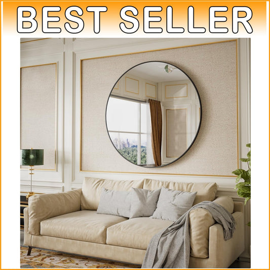 42-Inch Round Wall Mirror - Elegant Black Aluminum Frame for Versatile Decor