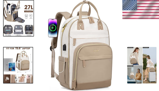 Durable USB Charging Backpack for 15.6 Inch Laptop - Water-Resistant Beige-Khaqi