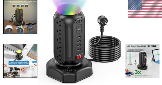 21-in-1 Surge Protector Power Strip Tower with RGB Night Light & Fast Charging