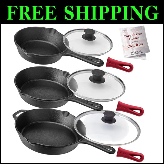 Induction Compatible 3-Piece Skillet Set - Cast Iron with Silicone Handles