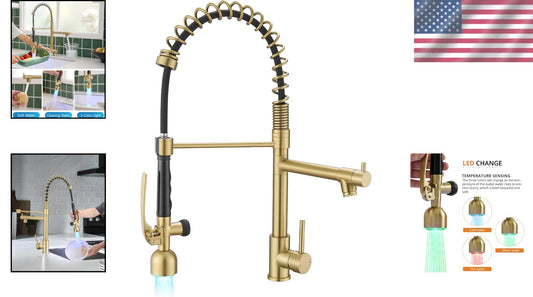 Single Handle Brushed Gold Kitchen Faucet with Temperature-Sensitive LED