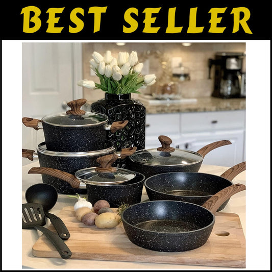 Luxury Induction-Friendly Granite Black Cookware Set - 12 Pieces Included
