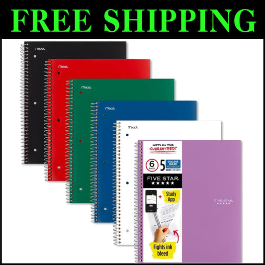 5-Subject Ink Bleed-Resistant Spiral Notebooks, Study App, Assorted Colors