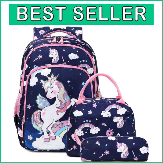 Adjustable Unicorn Backpack for Girls - 3pcs School Set with Insulated Lunch Bag