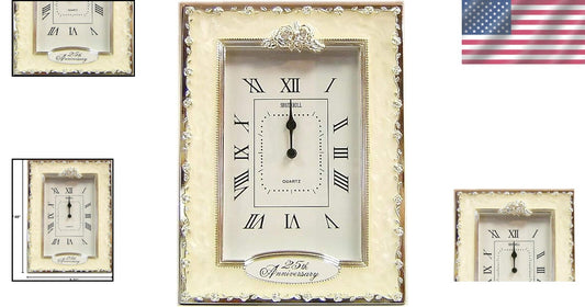 Beautiful Free-Standing 25th Anniversary Quartz Clock - Silver Floral Design